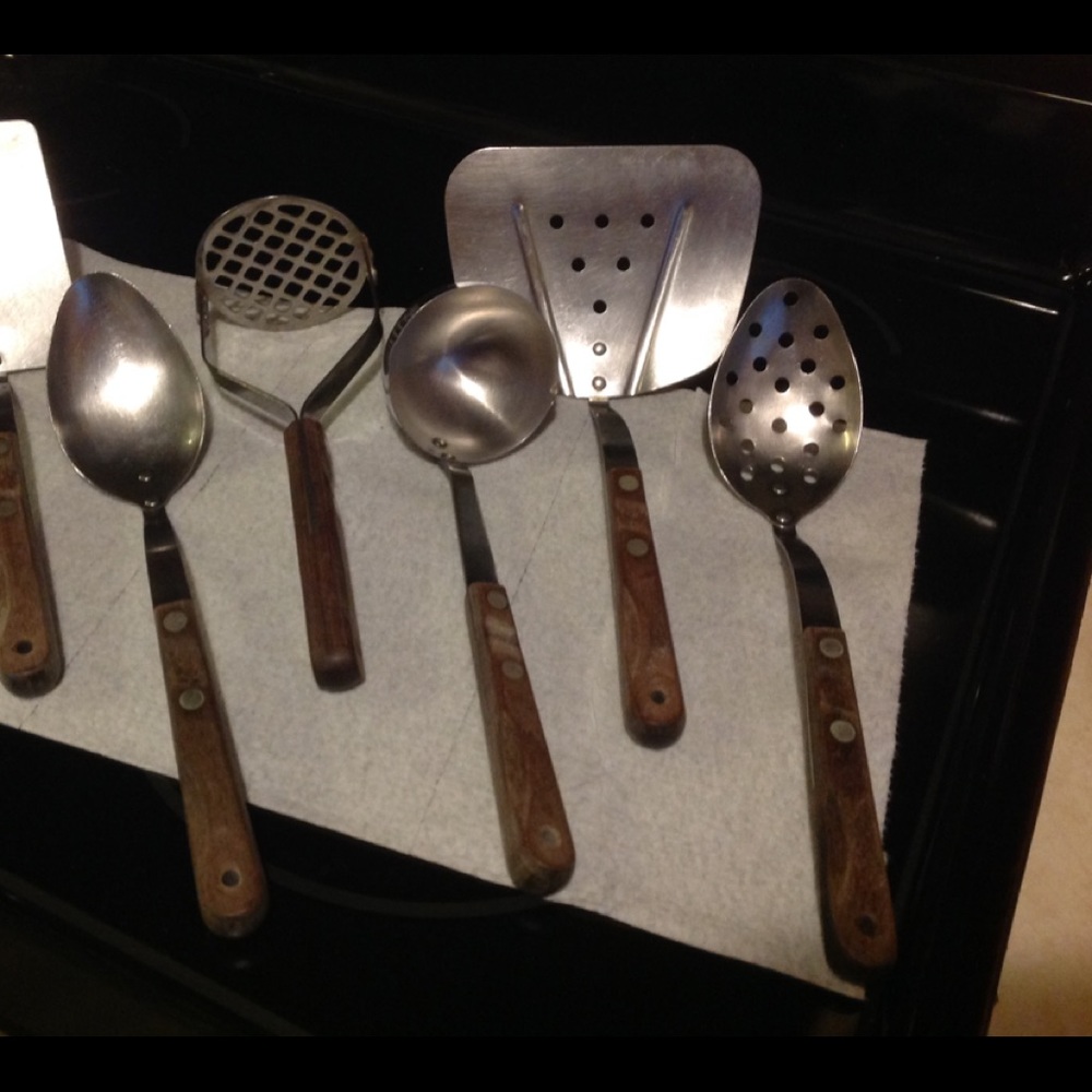 "ZYLCO" Vintage (6) Pc Stainless Steel, Wooden Handle Cooking Utensils. USA made